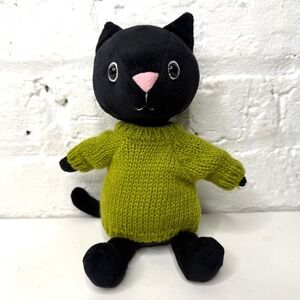 JellyCat Knitten Kitten Black Cat Green Sweater Plush Stuffed Animal 9" Lime